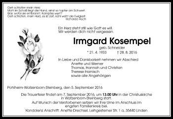 Traueranzeige von Irmgard Kosempel von  Gießener Anzeiger