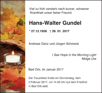 Traueranzeige von Hans-Walter Gundel von  Gelnhäuser Tageblatt