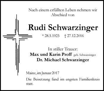 Traueranzeige von Rudi Schwarzinger von Trauerportal Rhein Main Presse