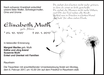 Traueranzeige von Elisabeth Muth von Trauerportal Rhein Main Presse