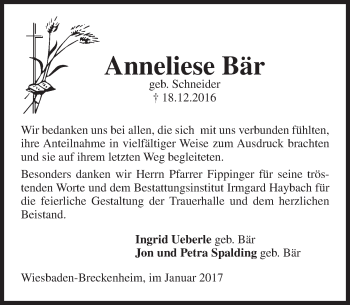 Traueranzeige von Anneliese Bär von Trauerportal Rhein Main Presse