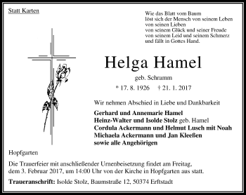 Traueranzeige von Helga Hamel von VRM Trauer