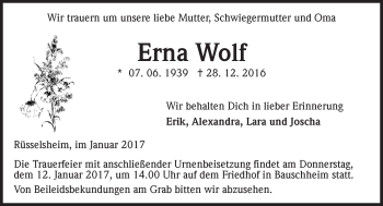 Traueranzeige von Erna Wolf von Trauerportal Rhein Main Presse