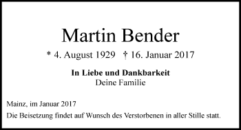 Traueranzeige von Martin Bender von Trauerportal Rhein Main Presse
