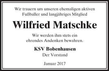 Traueranzeige von Wilfried Matschke von  Kreisanzeiger