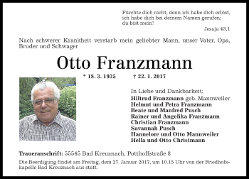 Traueranzeige von Otto Franzmann von Trauerportal Rhein Main Presse