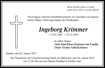 Traueranzeige von Ingeborg Krimmer von  Gießener Anzeiger