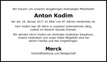 Traueranzeige von Anton Kodim von Trauerportal Echo Online