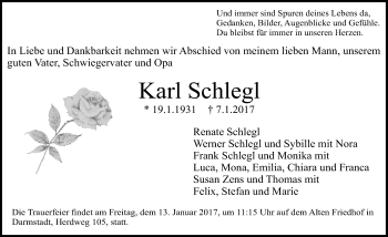 Traueranzeige von Karl Schlegl von Trauerportal Echo Online