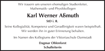 Traueranzeige von Karl Werner Aßmuth von Trauerportal Echo Online