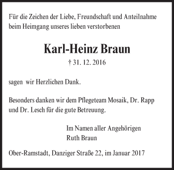 Traueranzeige von Karl-Heinz Braun von Trauerportal Echo Online