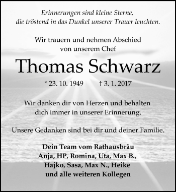 Traueranzeige von Thomas Schwarz von Trauerportal Echo Online
