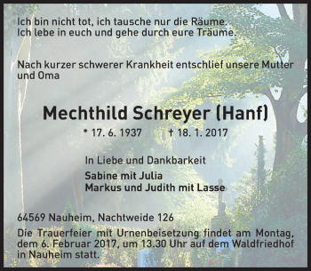 Traueranzeige von Mechthild Schreyer von Trauerportal Rhein Main Presse