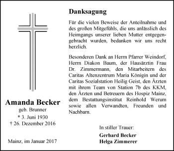 Traueranzeige von Amanda Becker von Trauerportal Rhein Main Presse
