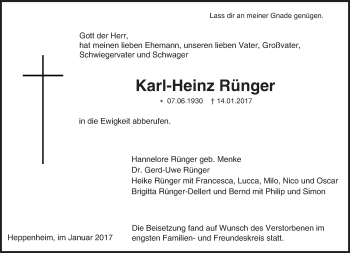 Traueranzeige von Karl-Heinz Rünger von Trauerportal Echo Online