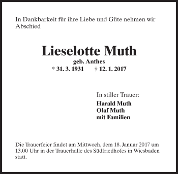 Traueranzeige von Lieselotte Muth von Trauerportal Rhein Main Presse Traueranzeige von Lieselotte Muth von Trauerportal Rhein Main Presse