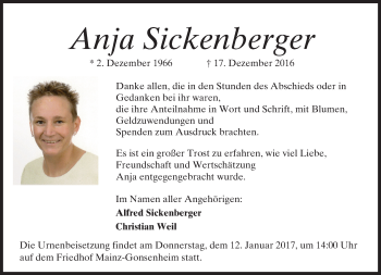 Traueranzeige von Anja Sickenberger von Trauerportal Rhein Main Presse