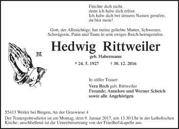 Traueranzeige von Hedwig Rittweiler von Trauerportal Rhein Main Presse