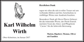 Traueranzeige von Karl Wilhelm Wirth von  Kreisanzeiger