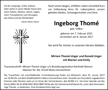 Traueranzeige von Ingeborg Thomé von Trauerportal Rhein Main Presse