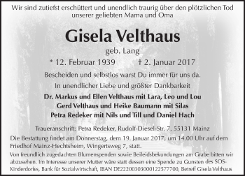 Traueranzeige von Gisela Velthaus von Trauerportal Rhein Main Presse