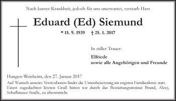 Traueranzeige von Eduard Siemund von Trauerportal Rhein Main Presse