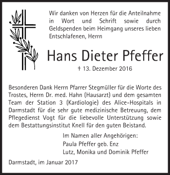 Traueranzeige von Hans Dieter Pfeffer von Trauerportal Rhein Main Presse