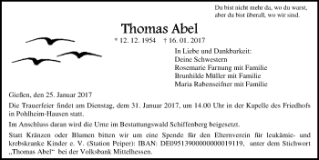 Traueranzeige von Thomas Abel von  Gießener Anzeiger