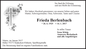 Traueranzeige von Frieda Berlenbach von Trauerportal Rhein Main Presse