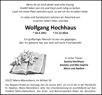 Traueranzeige von Wolfgang Hochhaus von Trauerportal Rhein Main Presse