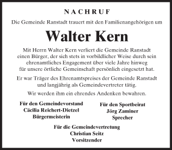 Traueranzeige von Walter Kern von  Kreisanzeiger