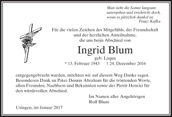Traueranzeige von Ingrid Blum von  Usinger Anzeiger