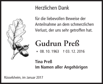 Traueranzeige von Gudrun Preß von Trauerportal Rhein Main Presse
