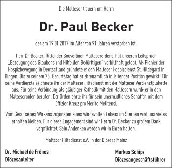 Traueranzeige von Paul Becker von Trauerportal Rhein Main Presse