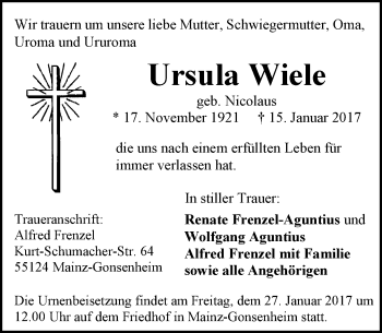 Traueranzeige von Ursula Wiele von Trauerportal Rhein Main Presse