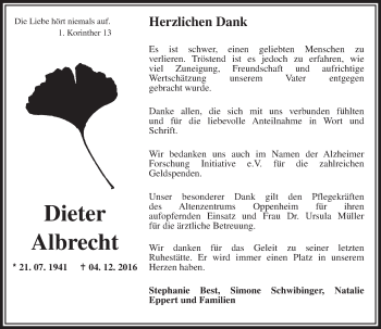 Traueranzeige von Dieter Albrecht von Trauerportal Rhein Main Presse