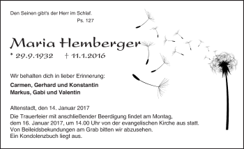 Traueranzeige von Maria Hemberger von  Kreisanzeiger