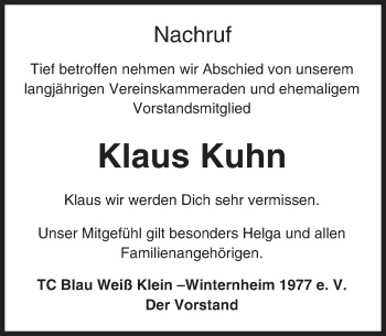 Traueranzeige von Klaus Kuhn von Trauerportal Rhein Main Presse