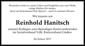 Traueranzeige von Reinhold Hanitsch von  Gießener Anzeiger