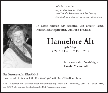 Traueranzeige von Hannelore Alt von Trauerportal Rhein Main Presse