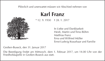 Traueranzeige von Karl Franz von  Gießener Anzeiger
