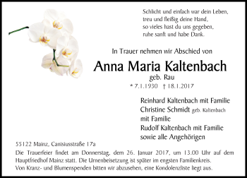 Traueranzeige von Anna Maria Kaltenbach von Trauerportal Rhein Main Presse