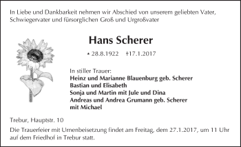 Traueranzeige von Hans Scherer von Trauerportal Echo Online