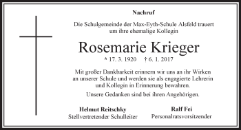 Traueranzeige von Rosemarie Krieger von VRM Trauer