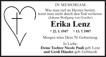 Traueranzeige von Erika Lenz von Trauerportal Rhein Main Presse