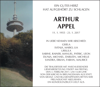 Traueranzeige von Arthur Appel von  Kreisanzeiger