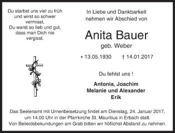 Traueranzeige von Anita Bauer von  Camberger Anzeiger