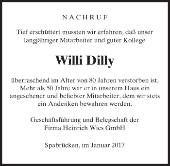 Traueranzeige von Willi Dilly von Trauerportal Rhein Main Presse
