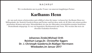 Traueranzeige von Karlhanns Henn von Trauerportal Rhein Main Presse