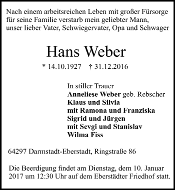 Traueranzeige von Hans Weber von Trauerportal Echo Online
